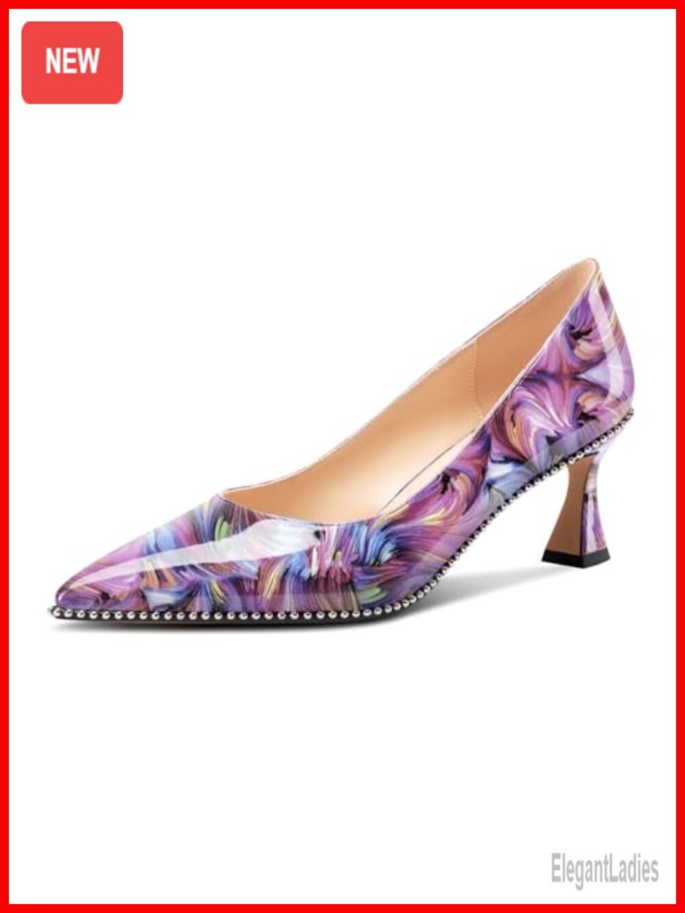 Womens Kitten Heel Pointed Toe Pumps Slip-On Patent Leather Beaded Formal